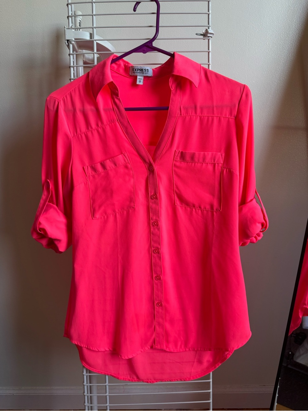 Express Women's Bright Neon Pink Button-Down Shirt